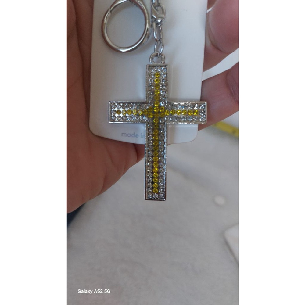 Yellow and Silver Rhinestone Cross Keychain